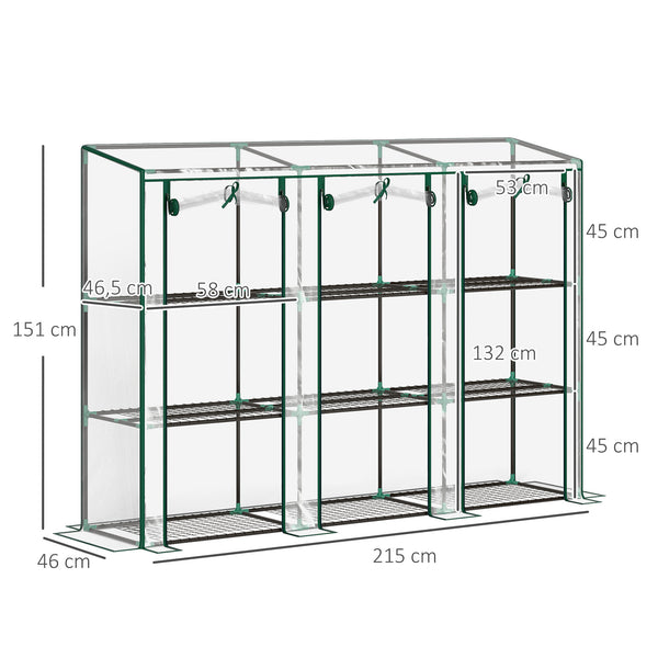 Serre de jardin PE avec étagères 3 niveaux, serre de balcon, bâche renforcée 140 g/m², châssis en acier, 2 portes zippées enroulables, pour légumes plantes fleurs, 215 x 46 x 151 cm, blanc