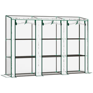 Serre de jardin PE avec étagères 3 niveaux, serre de balcon, bâche renforcée 140 g/m², châssis en acier, 2 portes zippées enroulables, pour légumes plantes fleurs, 215 x 46 x 151 cm, blanc
