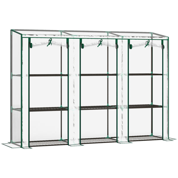 Serre de jardin PE avec étagères 3 niveaux, serre de balcon, bâche renforcée 140 g/m², châssis en acier, 2 portes zippées enroulables, pour légumes plantes fleurs, 215 x 46 x 151 cm, blanc