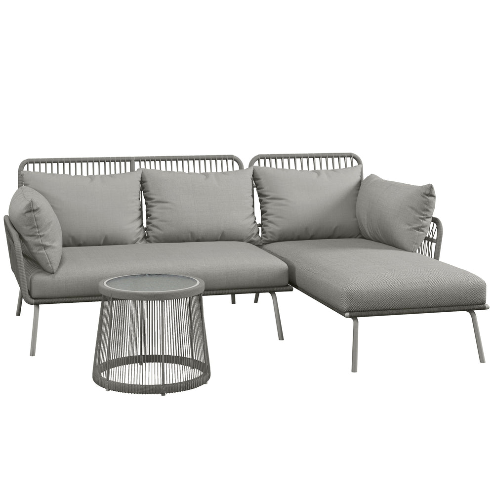 Salon de jardin extérieur d'angle moduable 4 places en résine tressée canapé de jardin extérieur avec table basse coussins grand confort inclus gris