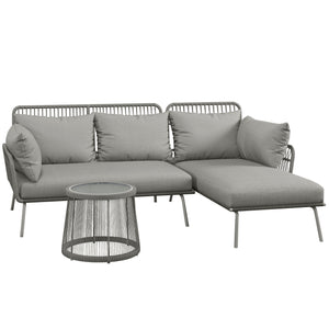 Salon de jardin extérieur d'angle moduable 4 places en résine tressée canapé de jardin extérieur avec table basse coussins grand confort inclus gris