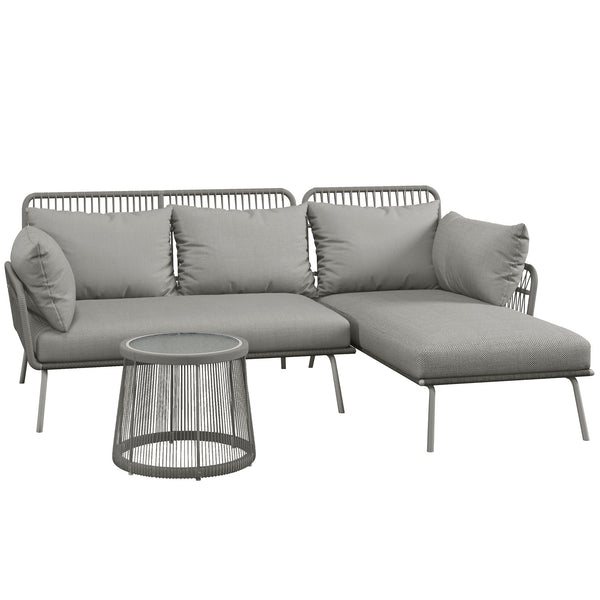 Salon de jardin extérieur d'angle moduable 4 places en résine tressée canapé de jardin extérieur avec table basse coussins grand confort inclus gris