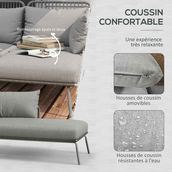 Salon de jardin extérieur d'angle moduable 4 places en résine tressée canapé de jardin extérieur avec table basse coussins grand confort inclus gris