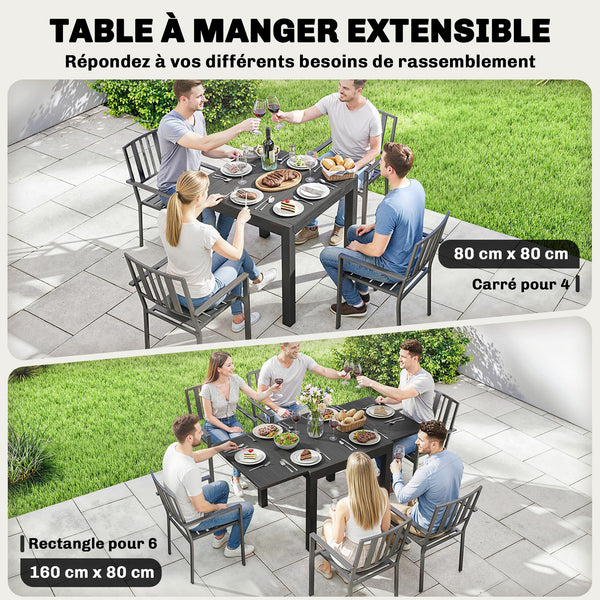 Table de jardin extensible en aluminium - table extérieur 4-6 personnes avec rallonge auto-stockée - mobilier de jardin résistant aux intempéries pour terrasse et balcon, 80-160 x 80 cm, noir