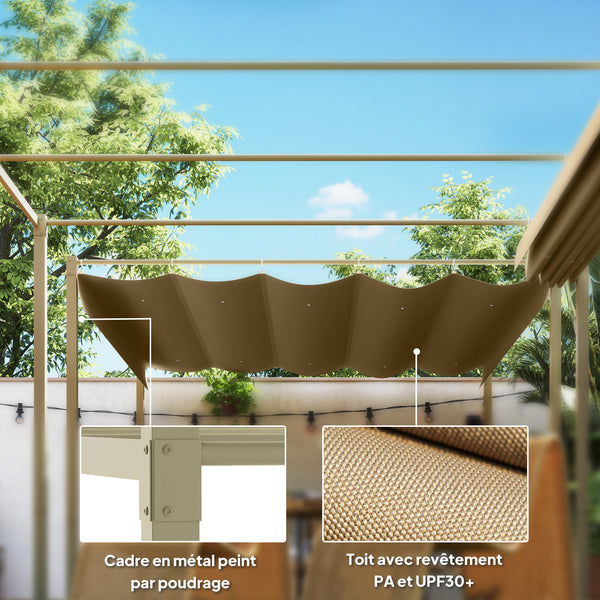 Pergola Rétractable Coulissante 3 x 3 m, tonnelle de Jardin à fixation magnétique Tissu Polyester Haute densité 180g/m² résistant aux UV, pour patios, jardin, terrasse, arrière-cours, kaki