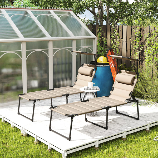 Lot de 2 Bains de soleil transats pliables grand confort dossier pare-soleil réglables multi-positions, kaki