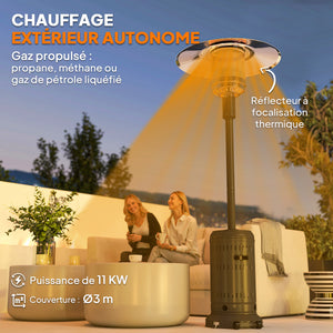 Chauffage exterieur terrasse, parasol chauffant gaz portable 11 KW niveaux de chauffe réglable avec protection anti-basculement et roulettes pour jardin, surface chauffable 7 m², noir