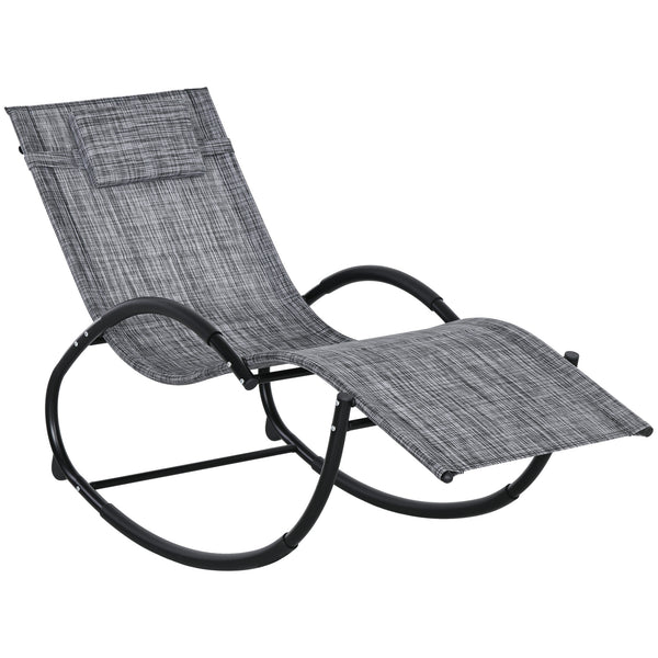 Chaise longue à bascule, transat de jardin ergonomique, bain de soleil, avec tétière, rocking chair, textilène, utilisation extérieure intérieure, gris chiné