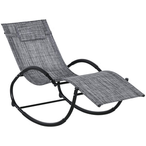 Chaise longue à bascule, transat de jardin ergonomique, bain de soleil, avec tétière, rocking chair, textilène, utilisation extérieure intérieure, gris chiné