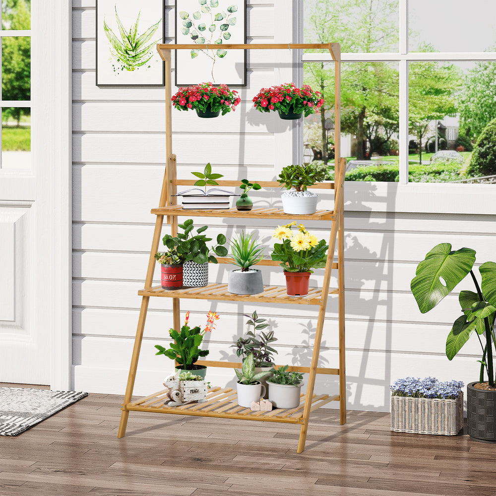 Étagère à Fleurs Supports de Pots Porte Plante en Bois de Bambou 3 niveuax + Barre Support pour Pots Suspendus pour Intérieur Balcon Jardin Terrasse