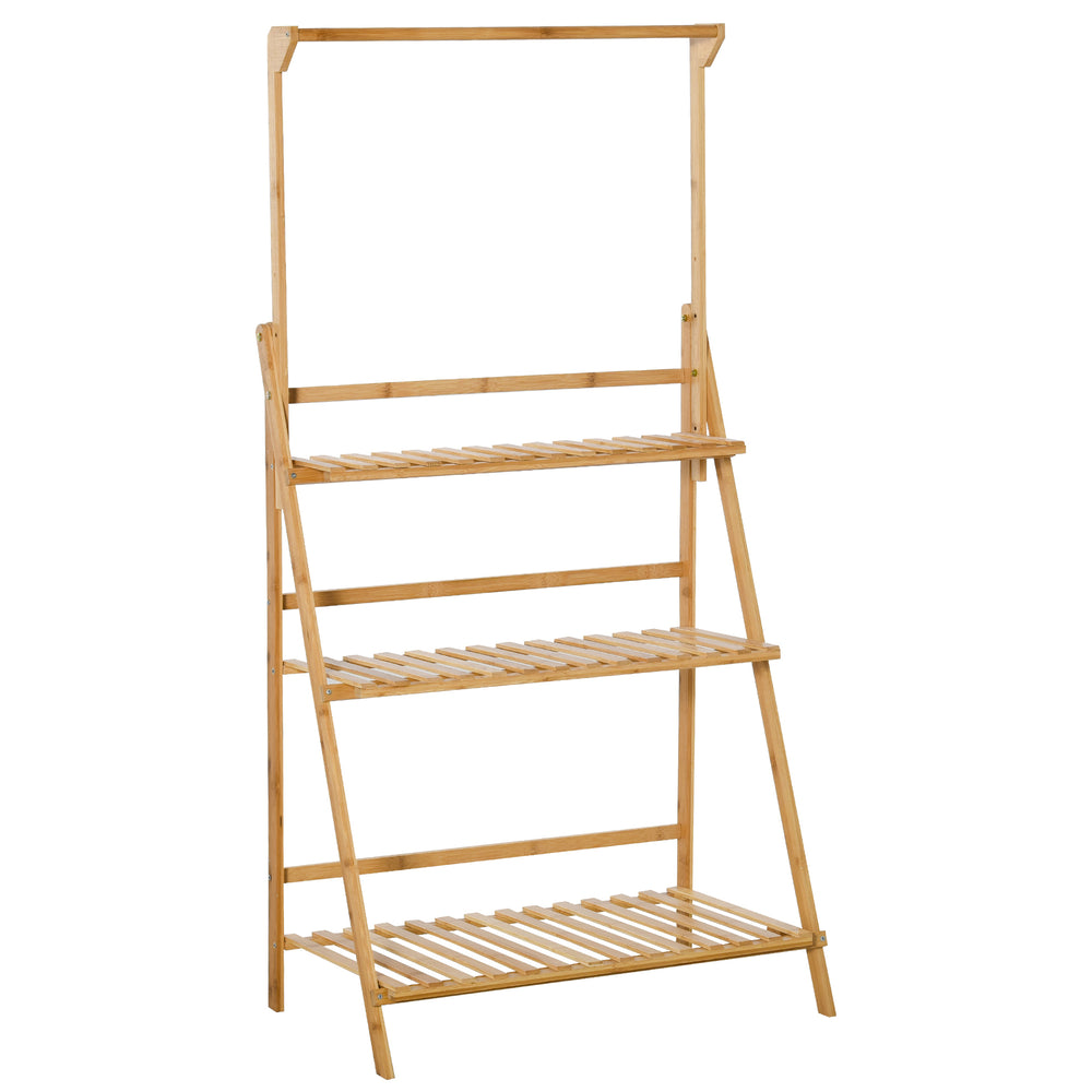 Étagère à Fleurs Supports de Pots Porte Plante en Bois de Bambou 3 niveuax + Barre Support pour Pots Suspendus pour Intérieur Balcon Jardin Terrasse