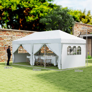 Tonnelle de jardin exterieur tonnelle pliante 3 x 6 m pop-up avec 6 parois latérales, trous de drainage, sac de transport inclus, barnum pliant pour camping festival mariage, blanc