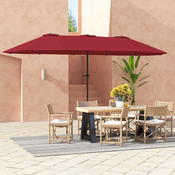 Parasol de jardin extérieur, parasol double rectangulaire 4 x 2,2 x 2,3 m avec ouverture fermeture manivelle, toile 180 g/m² pour balcon, piscine, terrasse, rouge vineux