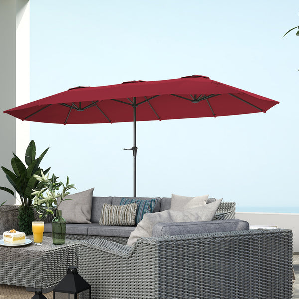 Parasol de jardin extérieur, parasol double rectangulaire 4 x 2,2 x 2,3 m avec ouverture fermeture manivelle, toile 180 g/m² pour balcon, piscine, terrasse, rouge vineux