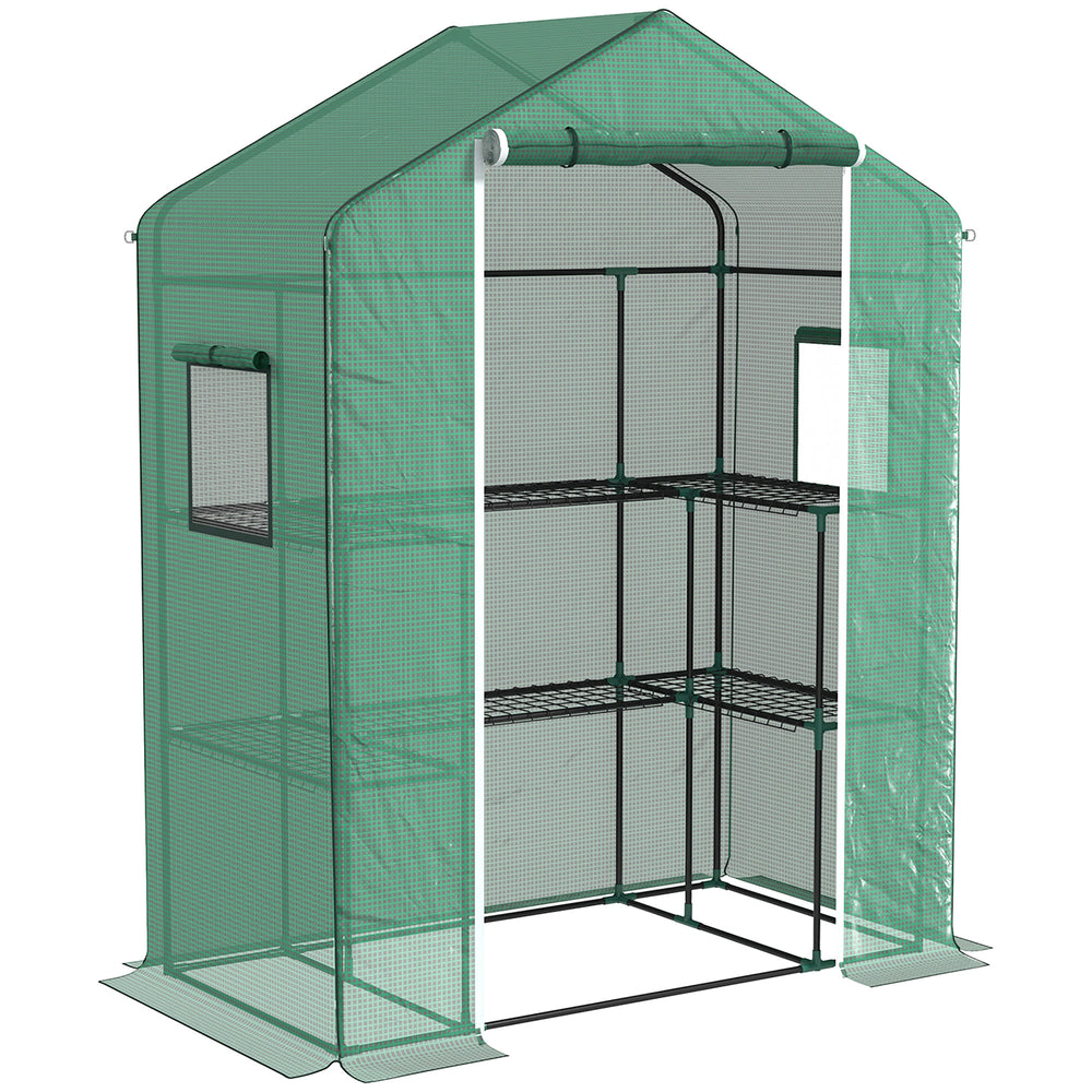 Serre de jardin PE avec étagères 3 niveaux, serre de balcon, bâche renforcée 135 g/m², châssis en acier, porte zippée enroulable, pour légumes plantes fleurs, 140x73x190 cm, vert