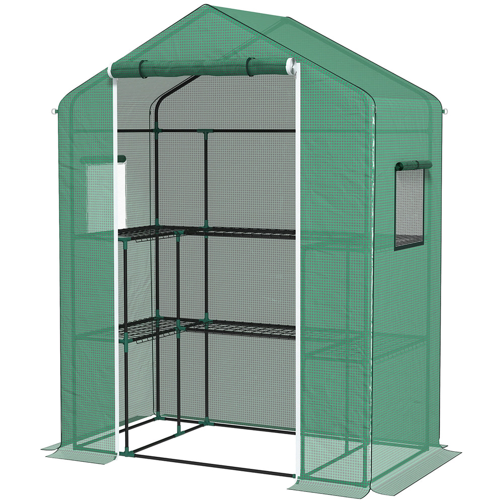 Serre de jardin PE avec étagères 3 niveaux, serre de balcon, bâche renforcée 135 g/m², châssis en acier, porte zippée enroulable, pour légumes plantes fleurs, 140x73x190 cm, vert