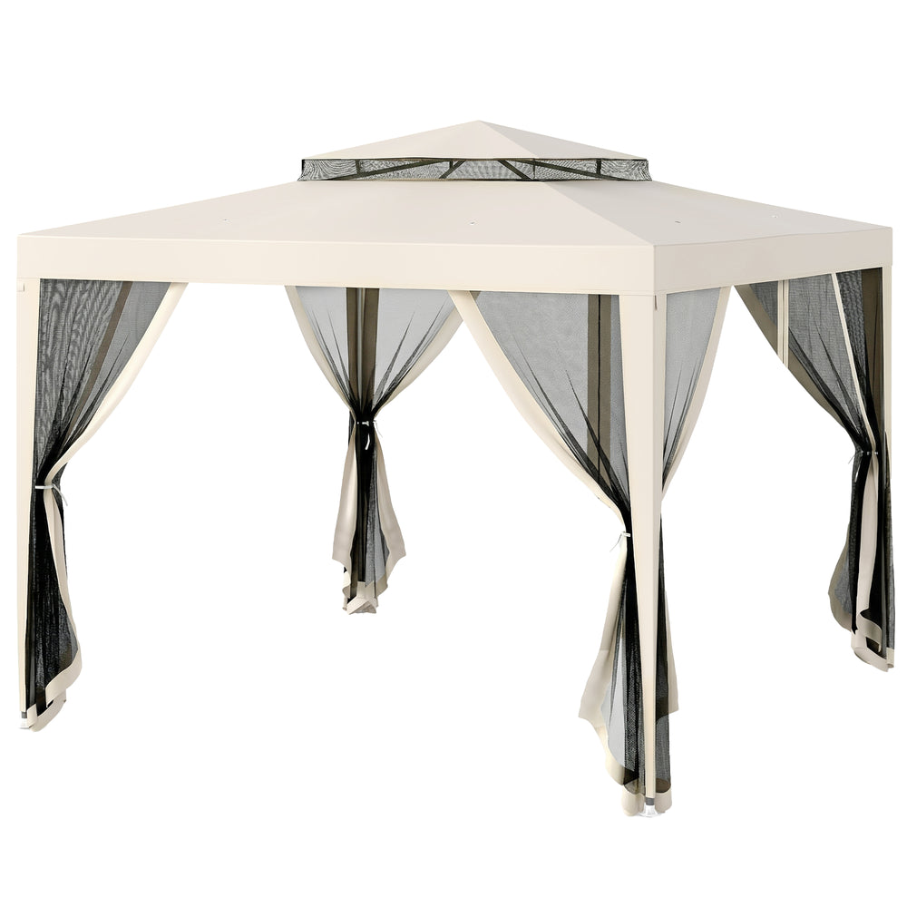 Tonnelle barnum de jardin 3L x 3l m avec 4 moustiquaires amovibles - double toit - crème