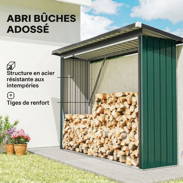 Abri-bûches Couvert en Acier Galvanisé, Support pour Bois de Chauffage Robuste, Montage Rapide, Étagère à Bûches Extérieur Plancher Surélevé Toit Incliné, 213x66,5x150cm, Vert