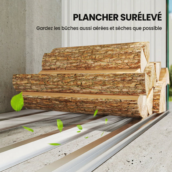 Abri-bûches Couvert en Acier Galvanisé, Support pour Bois de Chauffage Robuste, Montage Rapide, Étagère à Bûches Extérieur Plancher Surélevé Toit Incliné, 213x66,5x150cm, Vert