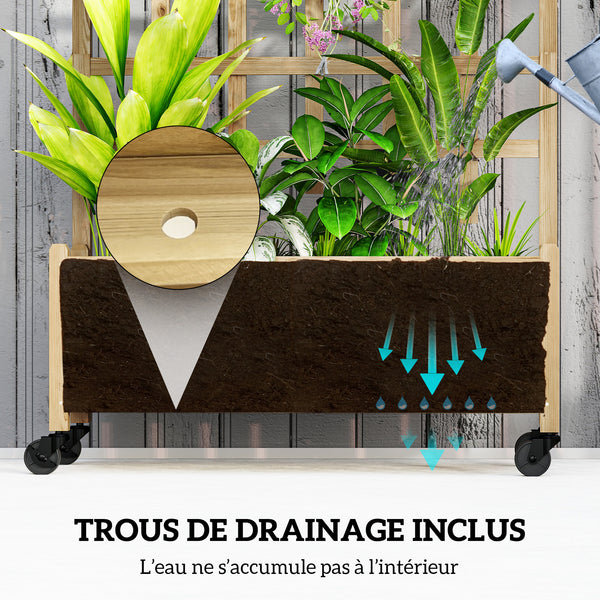 Jardinière avec treillis, bac à fleurs avec roues, lit surélevé, pour plantes grimpantes, légumes, fleurs, bois massif, intérieur et extérieur, cour jardin balcon, 82,5x35x186cm, bois naturel