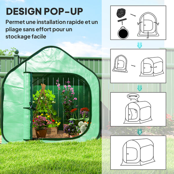 Mini serre pop-up, petite serre de jardin pour légumes, plante, fleurs, avec porte à fermeture éclair, tente d'hivernage en PE, pour intérieur extérieur, 150 x 148 x 148 cm, vert