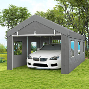 Tente garage carport dim. 6L x 2,95l x 2,78H m acier galvanisé robuste PE haute densité 160 g/m² imperméable anti-UV, 2 portes enroulables et 6 fenêtres