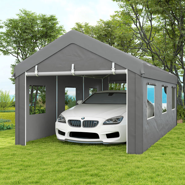 Tente garage carport dim. 6L x 2,95l x 2,78H m acier galvanisé robuste PE haute densité 160 g/m² imperméable anti-UV, 2 portes enroulables et 6 fenêtres