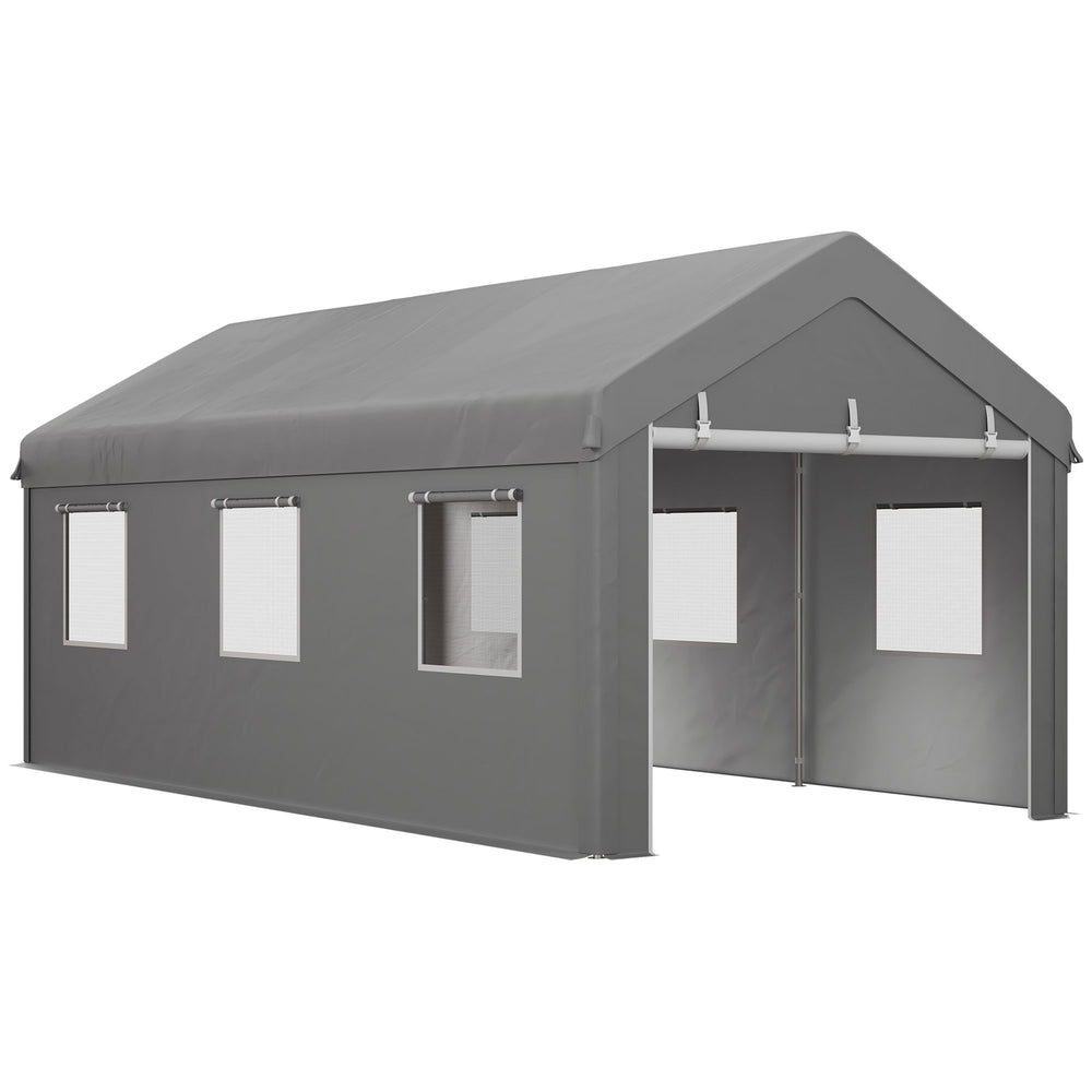 Tente garage carport dim. 6L x 2,95l x 2,78H m acier galvanisé robuste PE haute densité 160 g/m² imperméable anti-UV, 2 portes enroulables et 6 fenêtres
