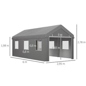 Tente garage carport dim. 6L x 2,95l x 2,78H m acier galvanisé robuste PE haute densité 160 g/m² imperméable anti-UV, 2 portes enroulables et 6 fenêtres
