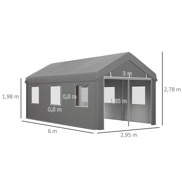 Tente garage carport dim. 6L x 2,95l x 2,78H m acier galvanisé robuste PE haute densité 160 g/m² imperméable anti-UV, 2 portes enroulables et 6 fenêtres
