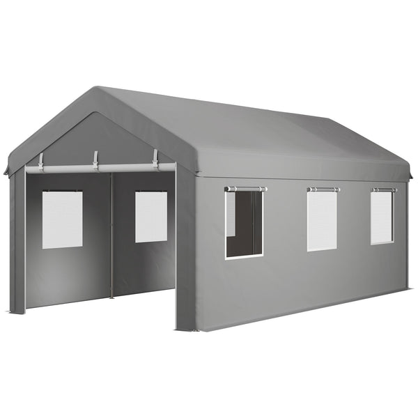 Tente garage carport dim. 6L x 2,95l x 2,78H m acier galvanisé robuste PE haute densité 160 g/m² imperméable anti-UV, 2 portes enroulables et 6 fenêtres