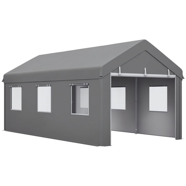 Tente garage carport dim. 6L x 2,95l x 2,78H m acier galvanisé robuste PE haute densité 160 g/m² imperméable anti-UV, 2 portes enroulables et 6 fenêtres