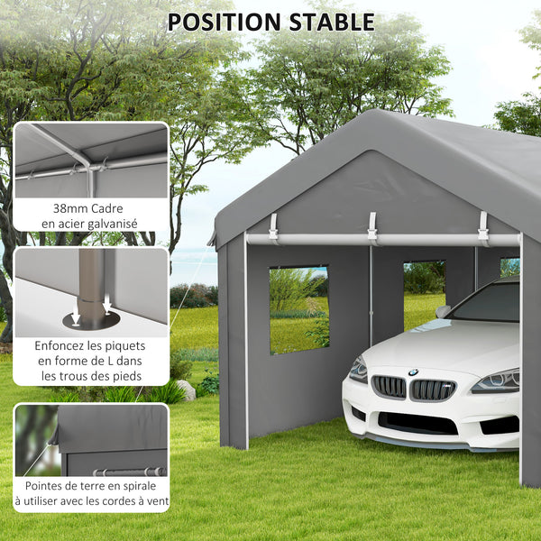 Tente garage carport dim. 6L x 2,95l x 2,78H m acier galvanisé robuste PE haute densité 160 g/m² imperméable anti-UV, 2 portes enroulables et 6 fenêtres