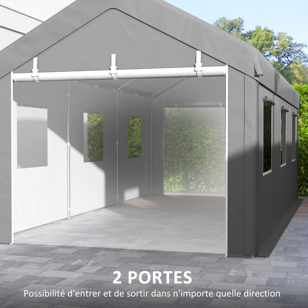 Tente garage carport dim. 6L x 2,95l x 2,78H m acier galvanisé robuste PE haute densité 160 g/m² imperméable anti-UV, 2 portes enroulables et 6 fenêtres