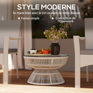 Table basse de jardin ronde, table d'appoint en résine aspect rotin et plateau verre trempé Ø60 x 37H cm gris clair