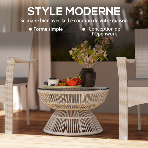 Table basse de jardin ronde, table d'appoint en résine aspect rotin et plateau verre trempé Ø60 x 37H cm gris clair