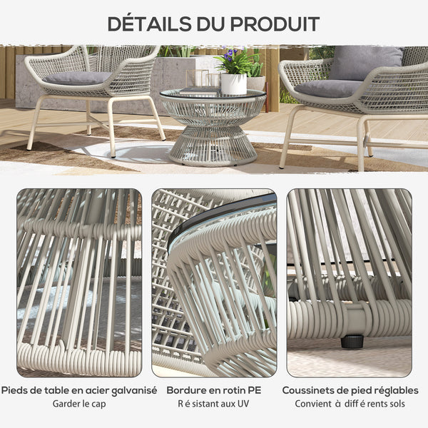 Table basse de jardin ronde, table d'appoint en résine aspect rotin et plateau verre trempé Ø60 x 37H cm gris clair