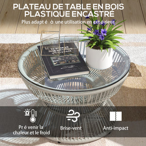 Table basse de jardin ronde, table d'appoint en résine aspect rotin et plateau verre trempé Ø60 x 37H cm gris clair