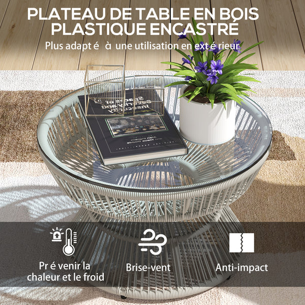 Table basse de jardin ronde, table d'appoint en résine aspect rotin et plateau verre trempé Ø60 x 37H cm gris clair