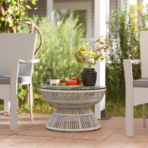 Table basse de jardin ronde, table d'appoint en résine aspect rotin et plateau verre trempé Ø60 x 37H cm gris clair