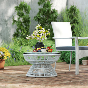 Table basse de jardin ronde, table d'appoint en résine aspect rotin et plateau verre trempé Ø60 x 37H cm gris clair