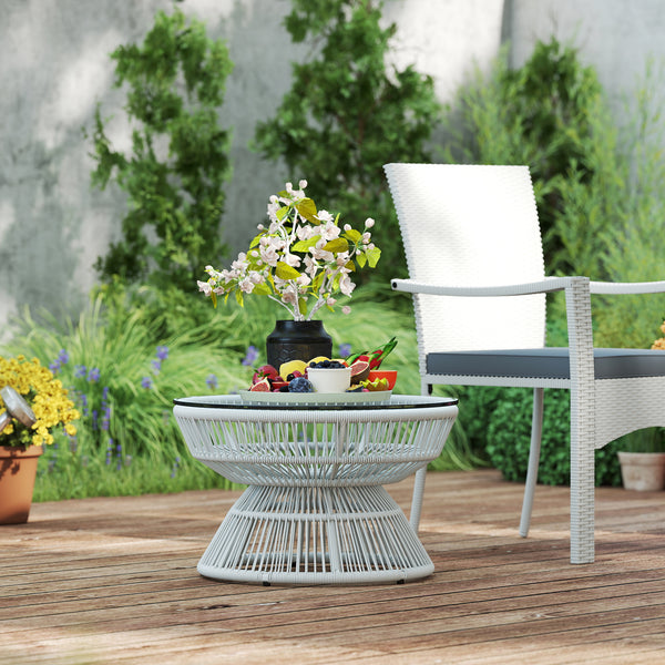 Table basse de jardin ronde, table d'appoint en résine aspect rotin et plateau verre trempé Ø60 x 37H cm gris clair