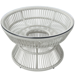 Table basse de jardin ronde, table d'appoint en résine aspect rotin et plateau verre trempé Ø60 x 37H cm gris clair