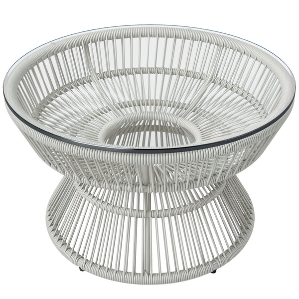 Table basse de jardin ronde, table d'appoint en résine aspect rotin et plateau verre trempé Ø60 x 37H cm gris clair