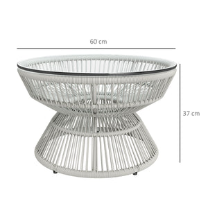 Table basse de jardin ronde, table d'appoint en résine aspect rotin et plateau verre trempé Ø60 x 37H cm gris clair