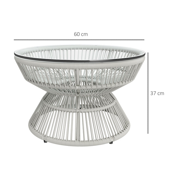 Table basse de jardin ronde, table d'appoint en résine aspect rotin et plateau verre trempé Ø60 x 37H cm gris clair