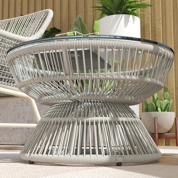 Table basse de jardin ronde, table d'appoint en résine aspect rotin et plateau verre trempé Ø60 x 37H cm gris clair
