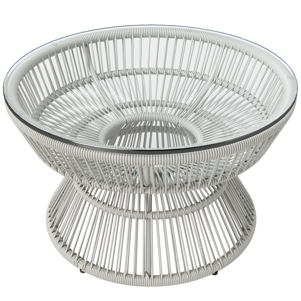 Table basse de jardin ronde, table d'appoint en résine aspect rotin et plateau verre trempé Ø60 x 37H cm gris clair