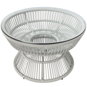Table basse de jardin ronde, table d'appoint en résine aspect rotin et plateau verre trempé Ø60 x 37H cm gris clair