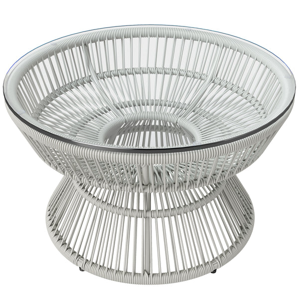 Table basse de jardin ronde, table d'appoint en résine aspect rotin et plateau verre trempé Ø60 x 37H cm gris clair